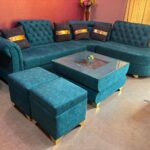 blue sofa and blue puffy